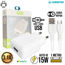 Kit Carregador 1 USB + Cabo V8 1m T503UV Kimaster - Branco